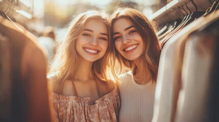 two young women shopping at high-end fashion boutique, browsing through elegant clothes on hanging racks, natural daylight streaming through large windows, soft brown tones, candid moment, casual