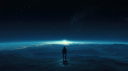 Fototapeta premium A lone astronaut floating in the vast expanse of outer space, with Earth glowing softly in the distance.