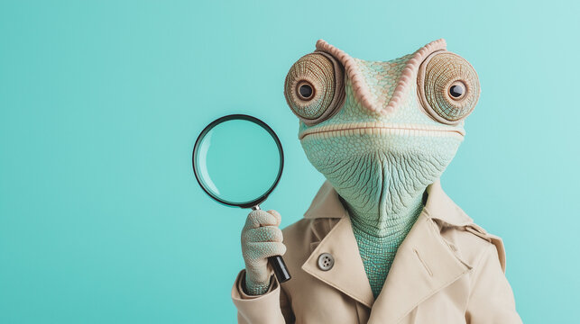 Fototapeta chameleon dressed as a detective in a trench coat, holding a magnifying glass,  against a pastel blue background.  whimsical, playful designs and detective-themed projects.banner wed wallpaper poster 