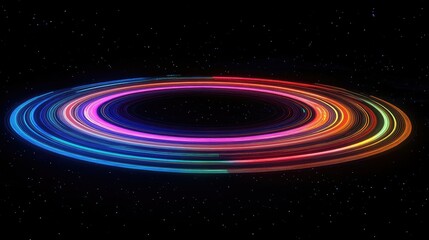 Fototapeta premium A massive planet with vivid, multicolored rings encircling it, glowing against the blackness of space.