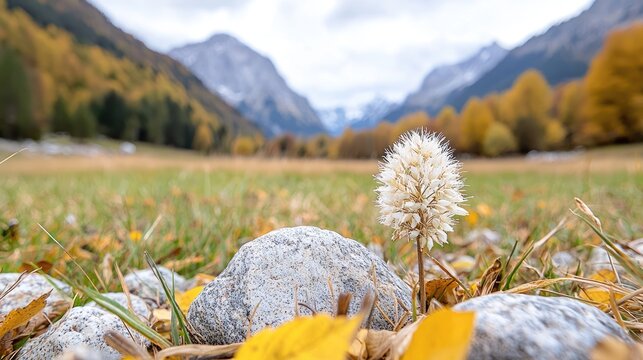 Autumnal alpine meadow, fluffy seedhead, mountain backdrop, nature scene, postcard - Powered by Adobe