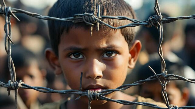 A close-up of a young boy staring through barbed wire, symbolizing restriction, struggle, and despair