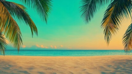 Obraz premium Idyllic Tropical Beach Sunset Palm Trees Frame Ocean View