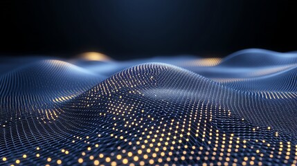Abstract Digital Mesh Grid with Glowing Nodes in Dynamic Wavy Pattern on Dark Background