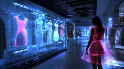 Advanced retail experience space, interactive virtual fashion wall, flowing holographic dress forms, woman interacting with smart mirror interface, premium clothing displays, architectural lighting