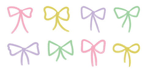 Coquette crayon bow set. Color chalk brush ribbons. Hand drawn lines bowknots for girly, birthday, gift, wedding. Cute elegant Isolated vector illustration.
