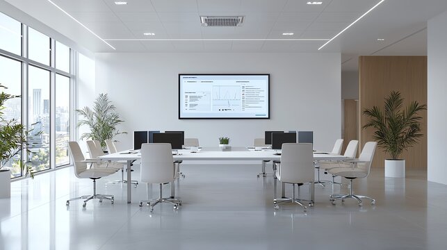Modern office space with meeting table, computers, and large window, bright and minimalist interior design.