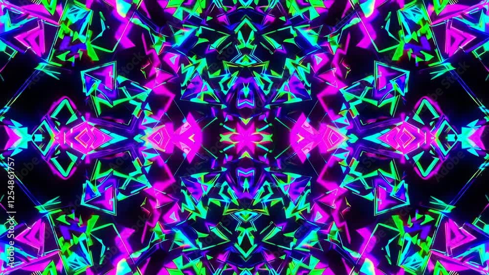 Poster neon kaleidoscope with vibrant geometric patterns, colorful abstract background. psychedelic digital