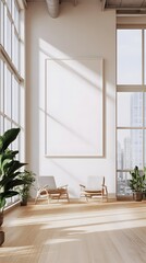 A modern, open-concept studio with floor-to-ceiling windows and a centered blank white frame.