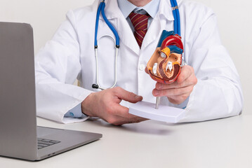 A cardiologist uses a heart model to demonstrate the anatomy, function, and treatment of...