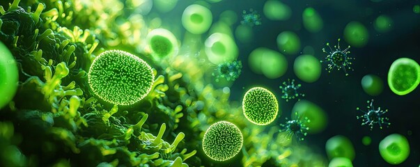 Marine food chain microscopic concept. A vibrant microscopic view of green cells and microorganisms in their natural habitat.
