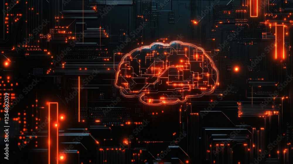 Fototapete Digital brain illustration with glowing circuits and wires set against a high tech background of circuitry. Generative AI