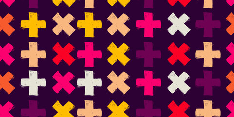 Obraz premium Seamless Pattern with Vibrant Grunge Plus Symbols. Retro geometric wallpaper. Pencil naive cartoon drawings with hand drawn texture, modern background with freehand design. 