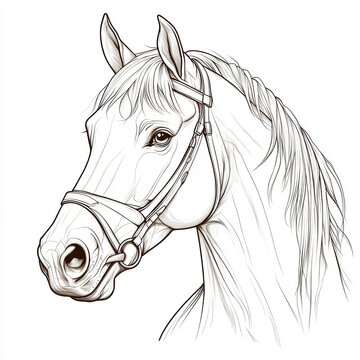 recommend clip art: detailed line art illustration of horse head, showcasing its features and mane. elegant design captures beauty and grace of animal, perfect for art enthusiasts