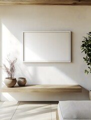 A modern Zen-inspired home with a white frame above a floating wooden shelf.