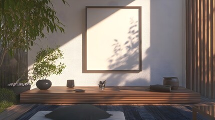 Fototapeta premium A modern Zen-inspired home with a white frame above a floating wooden shelf.
