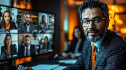 Obraz premium Businessman in video conference, multiple screens, office setting, professional meeting