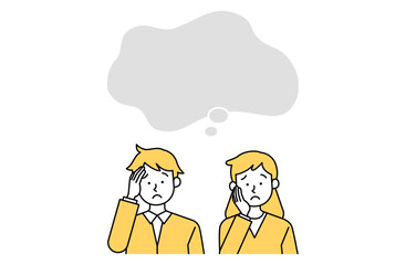 悩む夫婦と吹き出しのベクターイラストシンプル 枠 コピースペース フレーム 女性 老人