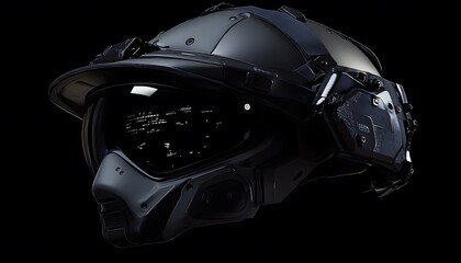 Fototapeta premium Sleek futuristic helmet with visor against a black background