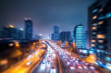 Dynamic Night City Traffic Flowing Through Urban Landscape with Blurred Lights
