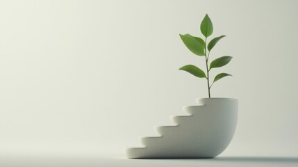 Plant growth, stairs, white background, minimalist concept,  business success