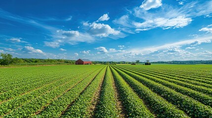 Farmland Rows, Tractor, and Barn Under Blue Sky