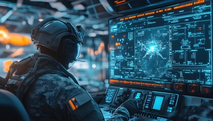 Soldier monitors complex data on a futuristic display screen