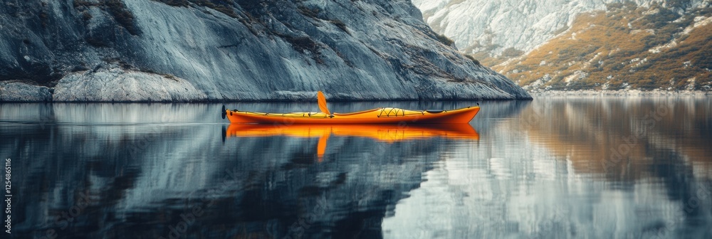 Aufkleber lone kayak gliding across serene mountain lake reflecting rocky cliffs and vibrant autumn colors. ge