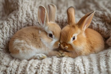 Adorable Baby Bunnies Cuddling on Cozy Knit Blanket - Perfect for Easter and Spring Themes