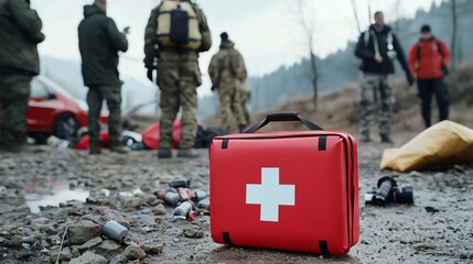 Red emergency kit foreground, blurred rescue personnel outdoors at rugged terrain in background.