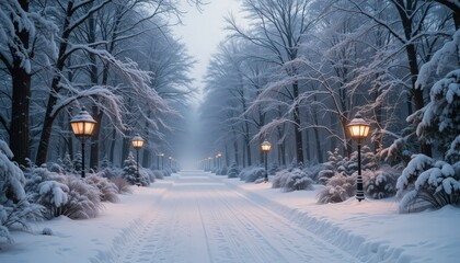Winter Wonderland Path Lit by Lanterns