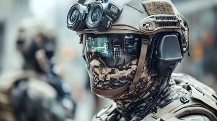 Soldier wearing futuristic augmented reality military gear stands in formation