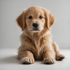 Golden Retriever Puppy &ndash; A fluffy golden retriever puppy sitting on a white background, looking directly at the camera with big, adorable eyes. Its fur is soft and slightly wavy, and its ears hang gen