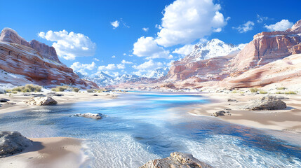 River flows through desert canyon, snow-capped mountains, sunny sky; travel poster