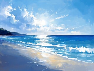 Obraz premium Peaceful beach scene with light shining on the waves.