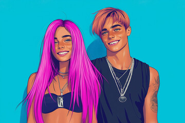 Naklejka premium A young couple in love, enjoying a sunny day at a beach party, laughing and dancing to music on the warm sand by the sea.