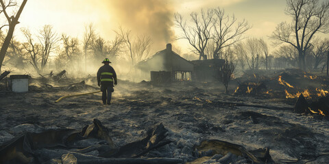 Eaton Fire Destruction: Charred Landscape with Lone Firefighter and Collapsed House