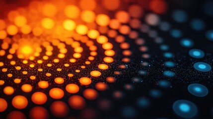 Vibrant abstract pattern of swirling dots in orange and blue hues on a dark background