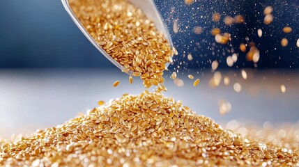 Golden flax seeds pouring from spoon onto pile in close-up shot