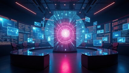 Obraz premium Quantum AI technology displayed in a futuristic lab with glowing screens and interactive interfaces showcasing advanced data processing capabilities