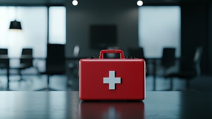Red first aid kit on a desk in an office, symbolizing emergency preparedness.
