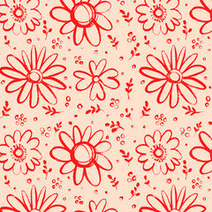 Floral Seamless Pattern with Flower Heads, Leaves and Branches. Modern grunge silhouettes and bulky ink herbs. Hand painted plants isolated on cream background