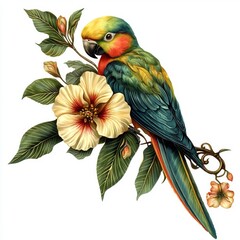 Obraz premium Colorful Parrot Perched on Tropical Flower with Vibrant Green Leaves and Exotic Foliage in Artistic Illustration Style