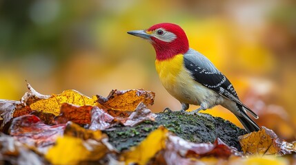 Colorful woodpecker on autumn leaves