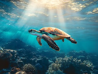 Obraz premium Tortoise Swimming Peacefully In Clear Underwater Scene