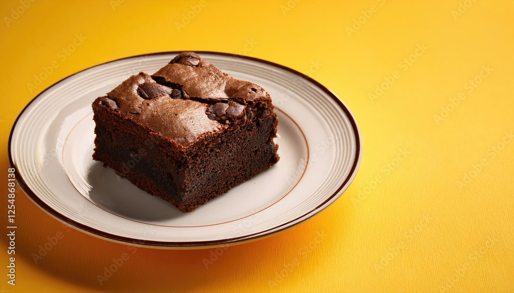 Wall mural Chocolate cake on white plate on a yellow background