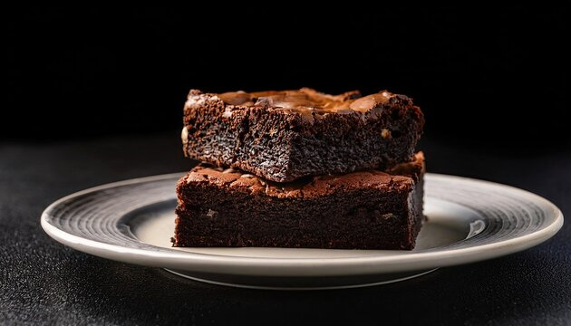 Chocolate cake on white plate on a black background