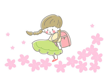 ピンクのランドセルを背負い、笑顔でこちらを見るおさげの女の子　入学式　桜　4月　春