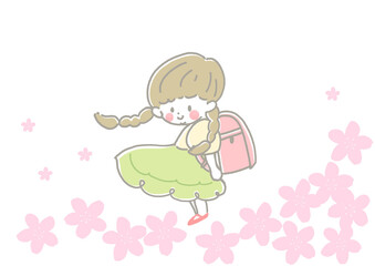 ピンクのランドセルを背負い、笑顔でこちらを見るおさげの女の子　入学式　桜　4月　春