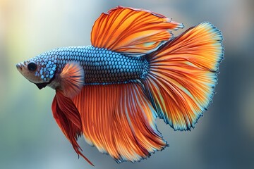 Fototapeta premium Colorful Betta Fish with Vibrant Fins on Soft Blue Gradient Background